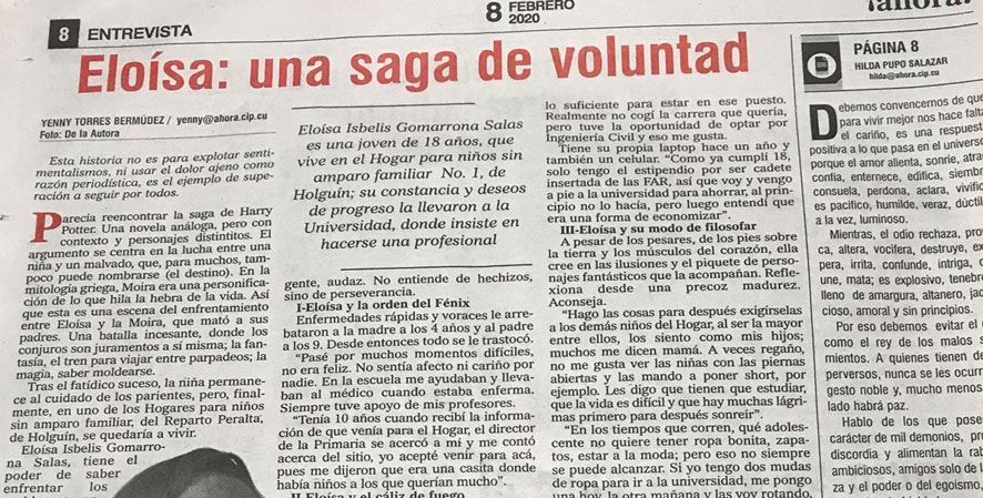 Eloísa de l’orphelinat de Holguin fait la une du journal national Cubain